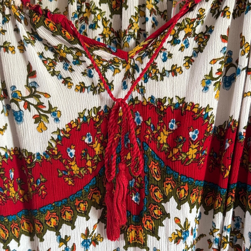 Bila Red, White and Blue Floral Boho Peasant Top with Tassel Tie Medium - Picture 3 of 9